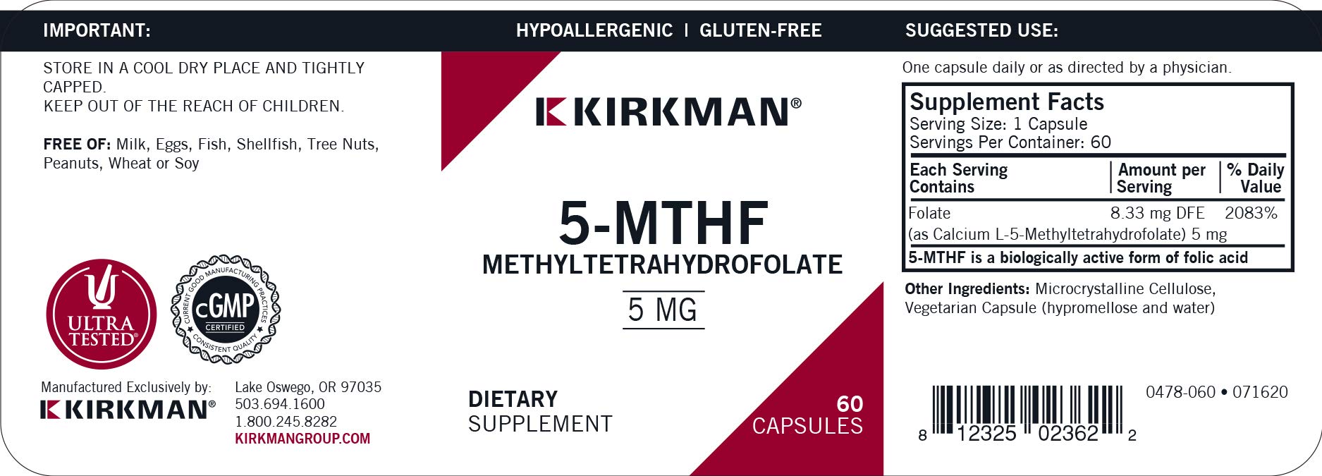 Suplemento Kirkman 5-MTHF forma biológicamente activa ácido fólico