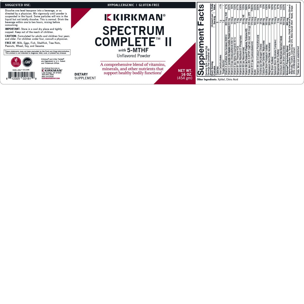Suplemento Kirkman metilcobalamina sin gluten y caseína