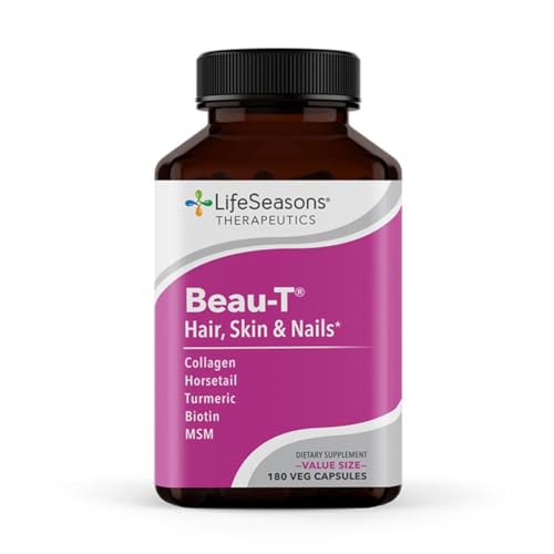 Frasco de suplemento LifeSeasons Beau-T con biotina y colágeno para cabello, piel y uñas.