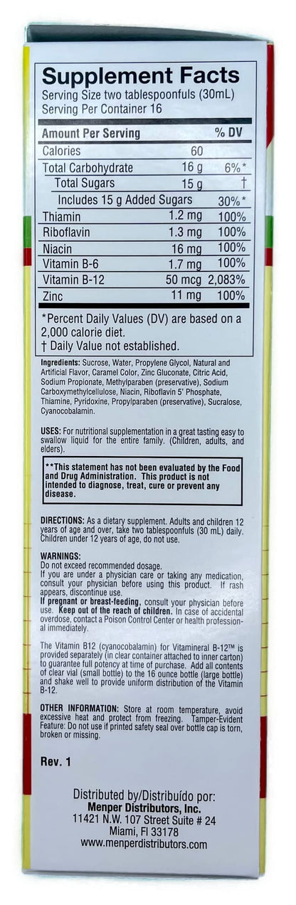 Suplemento líquido 16oz Vitamineral B-12 para salud y vitalidad