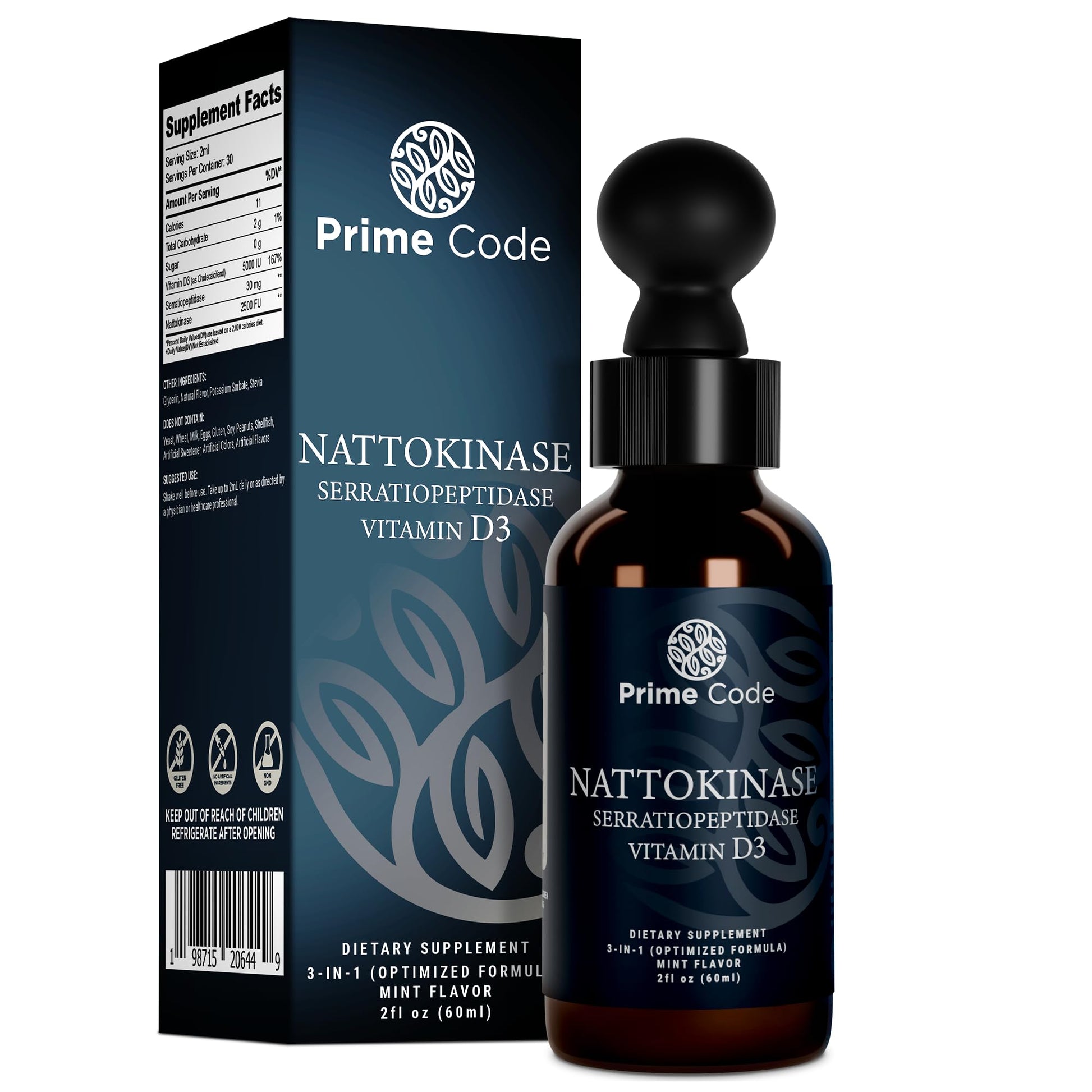 Frasco de suplemento líquido de nattokinasa y serrapeptidasa Prime Code