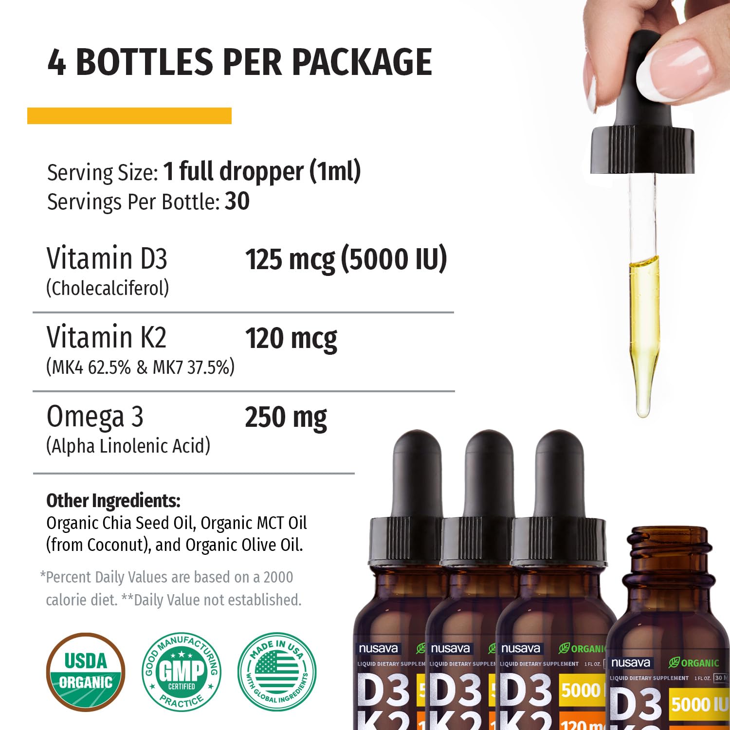 Suplemento líquido vitamina d3 k2 nusava en gotas orgánicas