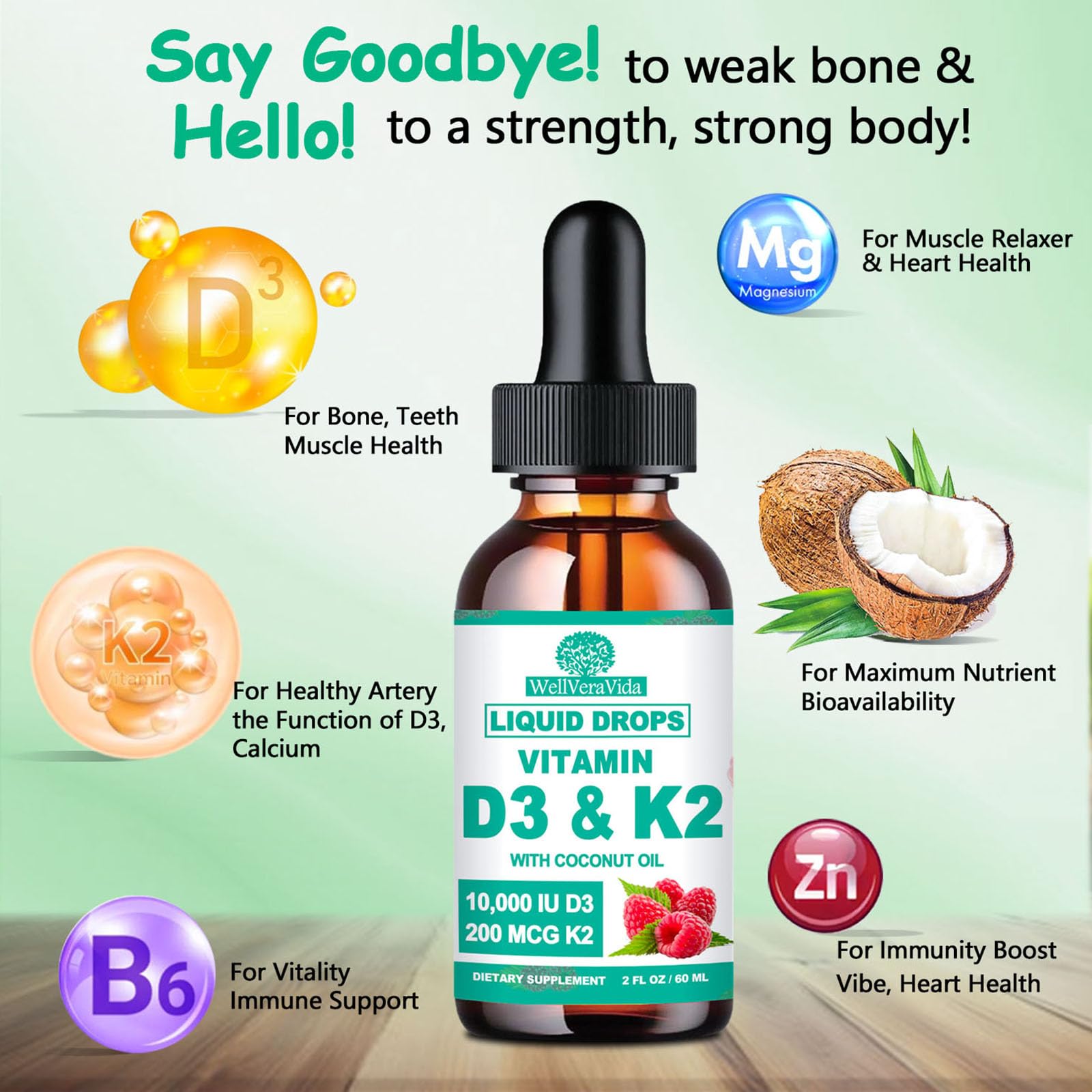 Suplemento líquido Vitamina D3 K2 WellVeraVida para huesos