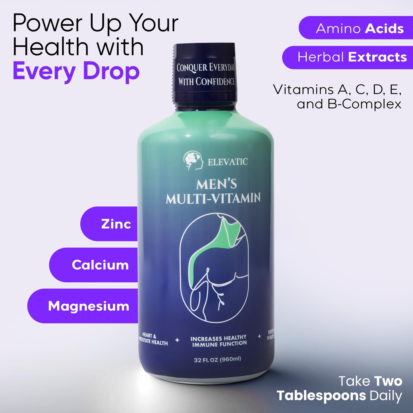 Suplemento líquido con vitaminas y minerales esenciales para hombres