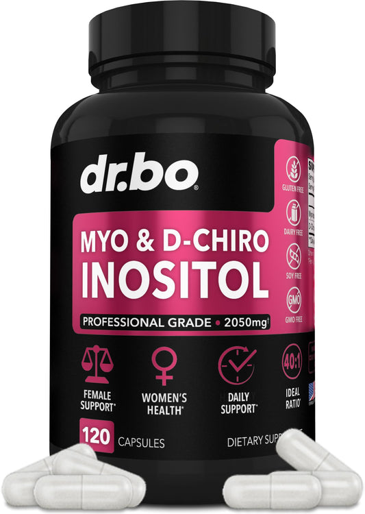 Frasco de suplemento de mio-inositol y d-chiro inositol para mujeres