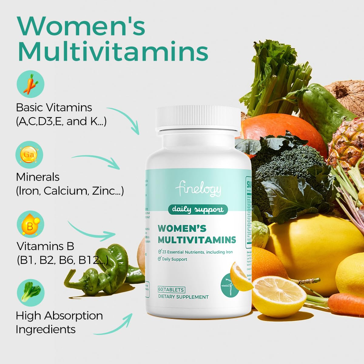 Suplemento multivitamínico Finelogy para salud integral femenina en una botella