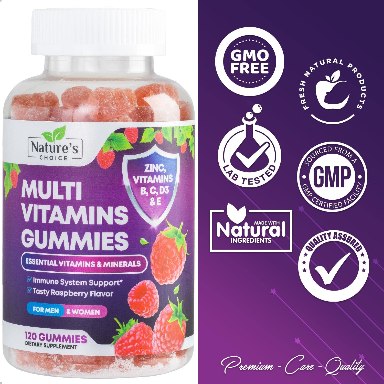 Suplemento multivitamínico diario en gomitas sabor bayas.