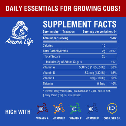 Suplemento multivitamínico infantil con aceite de hígado de bacalao.