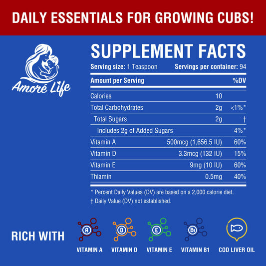 Suplemento multivitamínico infantil con aceite de hígado de bacalao.