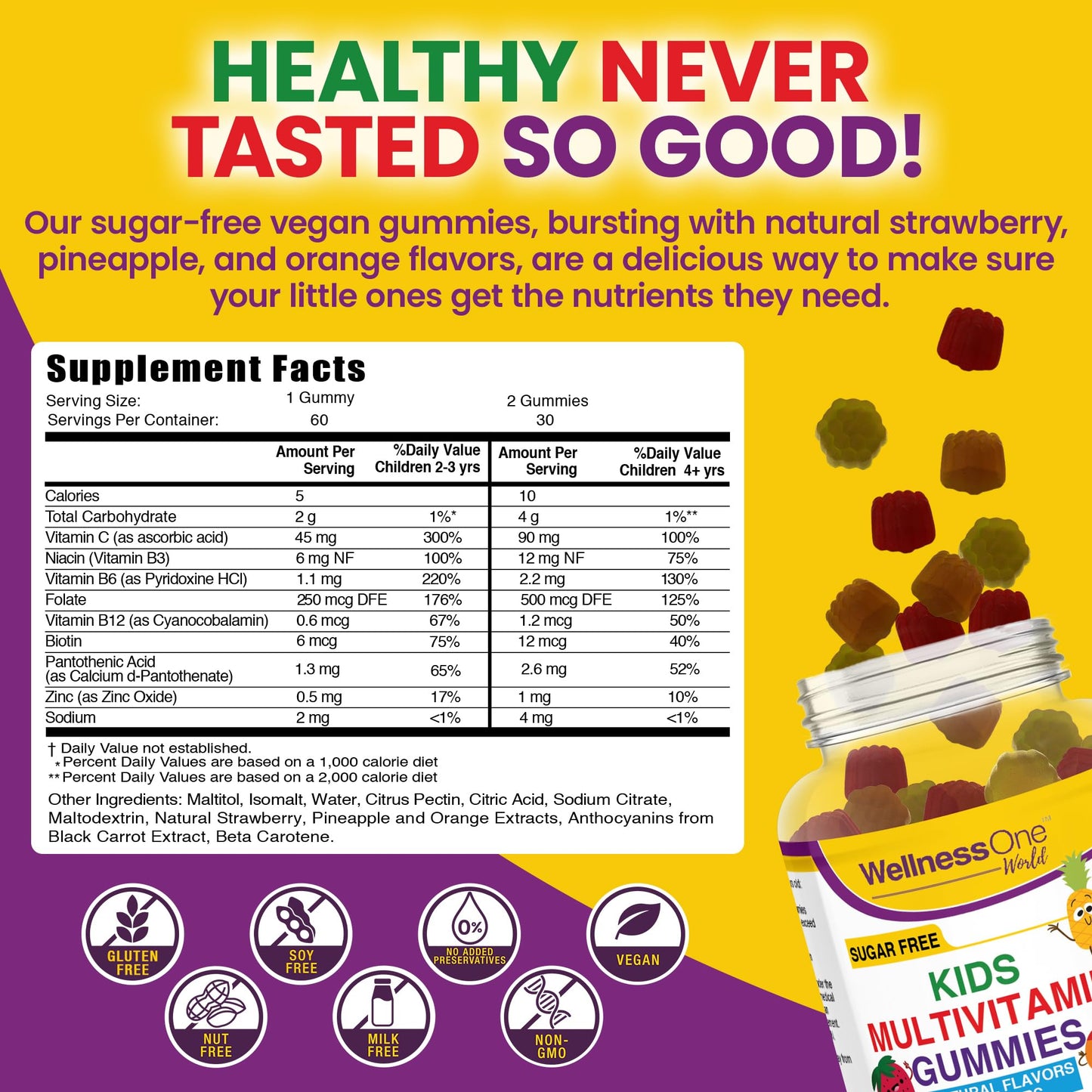 Suplemento multivitamínico con hechos nutricionales.