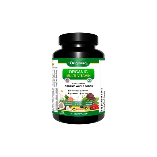 Envase de suplemento multivitamínico orgánico Originera, 120 cápsulas veganas