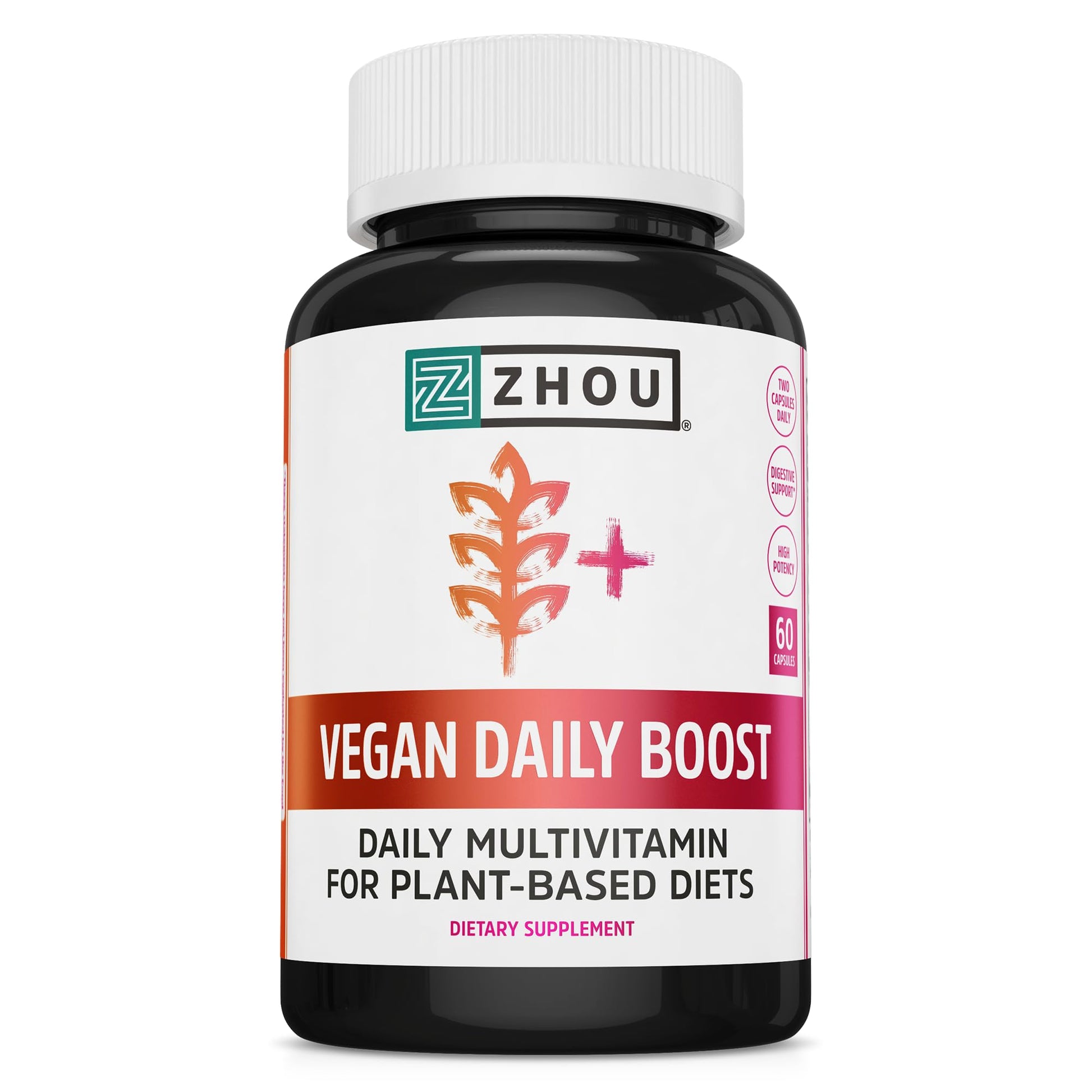 Suplemento multivitamínico vegano Zhou en botella negra