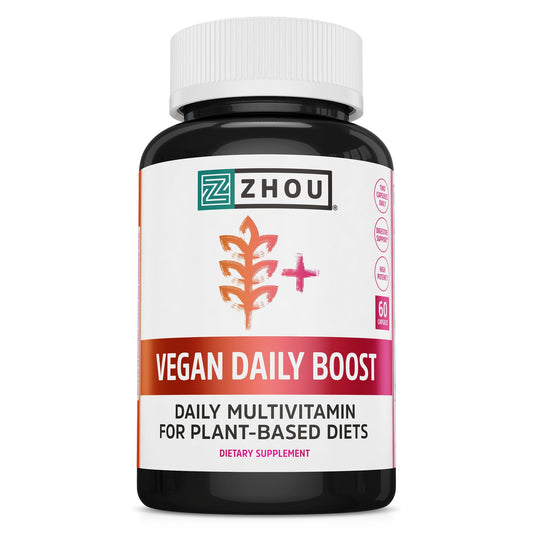 Suplemento multivitamínico vegano Zhou en botella negra