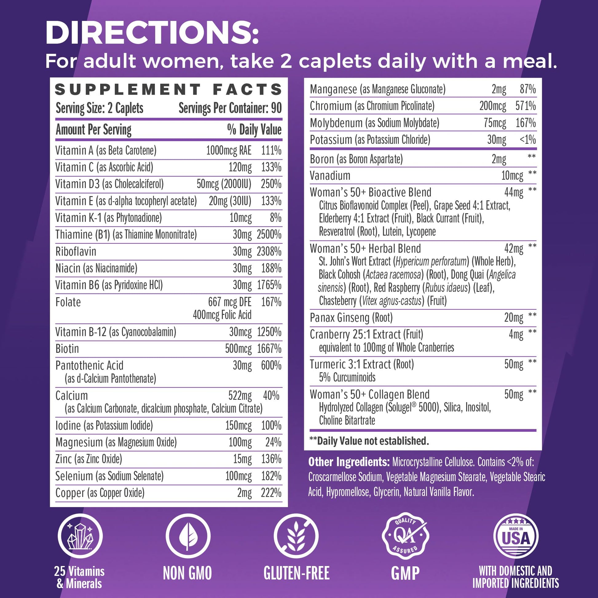 Suplemento multivitamínico con vitaminas y minerales para menopausia.