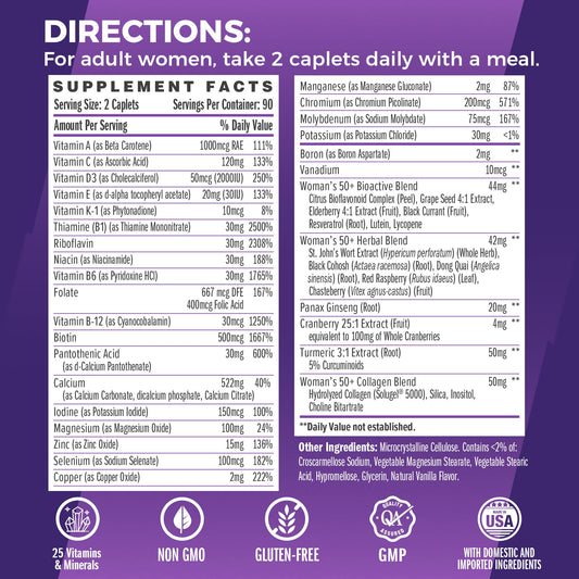 Suplemento multivitamínico con vitaminas y minerales para menopausia.