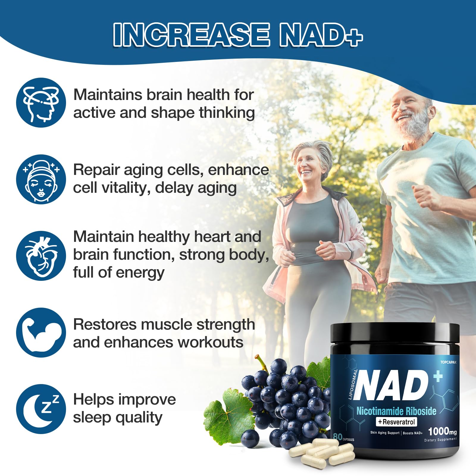 suplemento nad+ topcapak ribósido nicotinamida resveratrol frasco 6