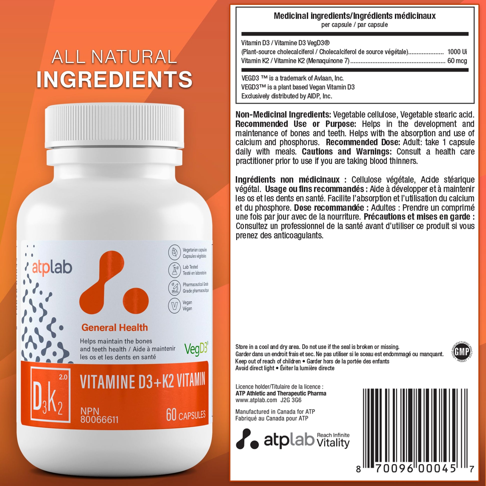 Suplemento natural ATP LAB de d3 y k2 para salud