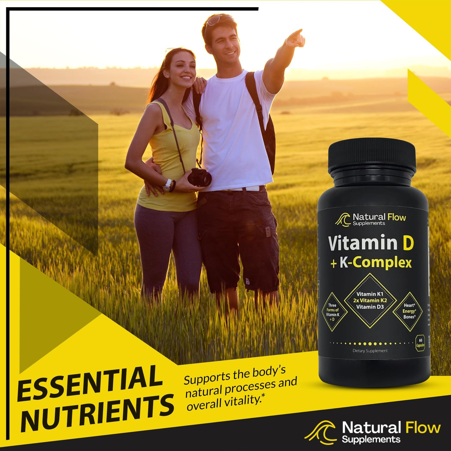 Suplemento Natural Flow complejo vitamínico D3 y K para soporte inmune