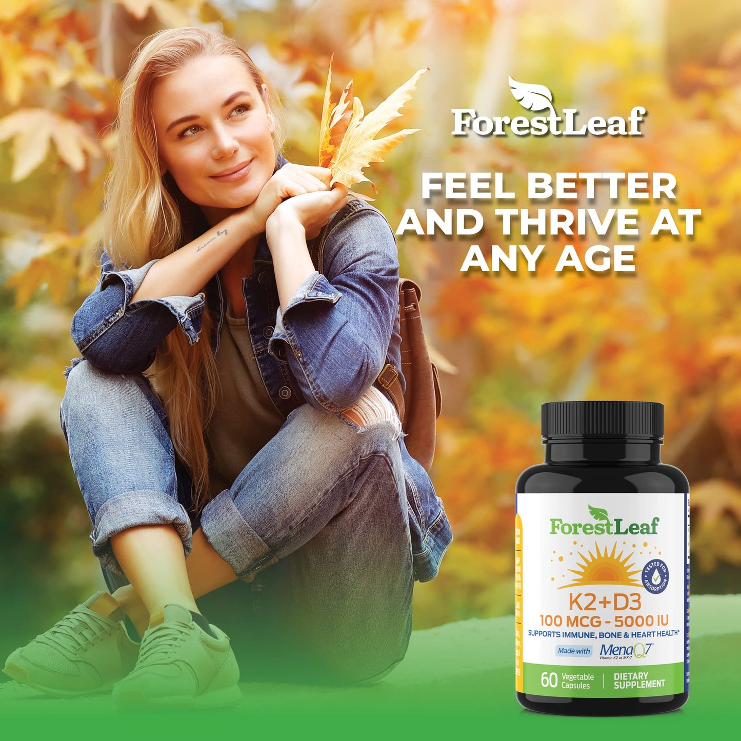 Suplemento natural ForestLeaf D3 K2 en cápsulas vegetarianas