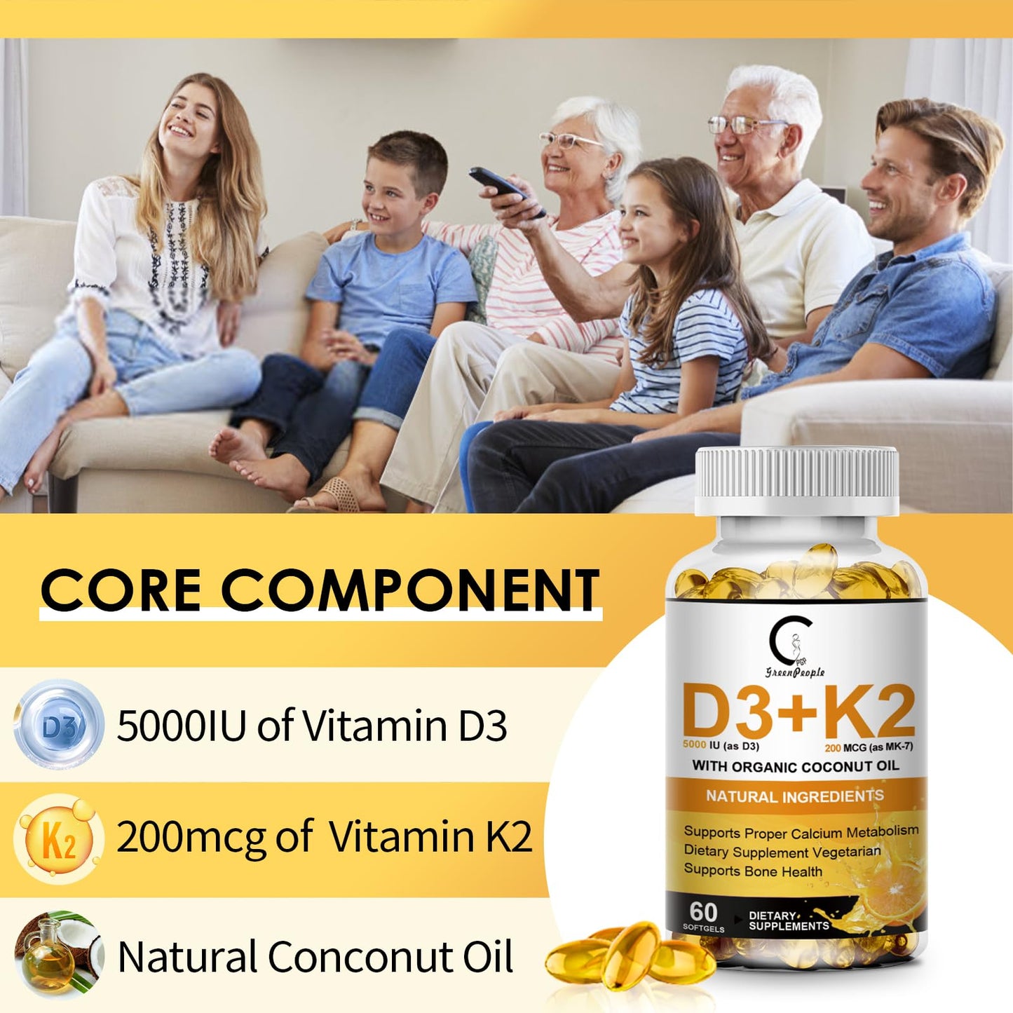 Suplemento natural GPGP GreenPeople D3 K2 con aceite coco