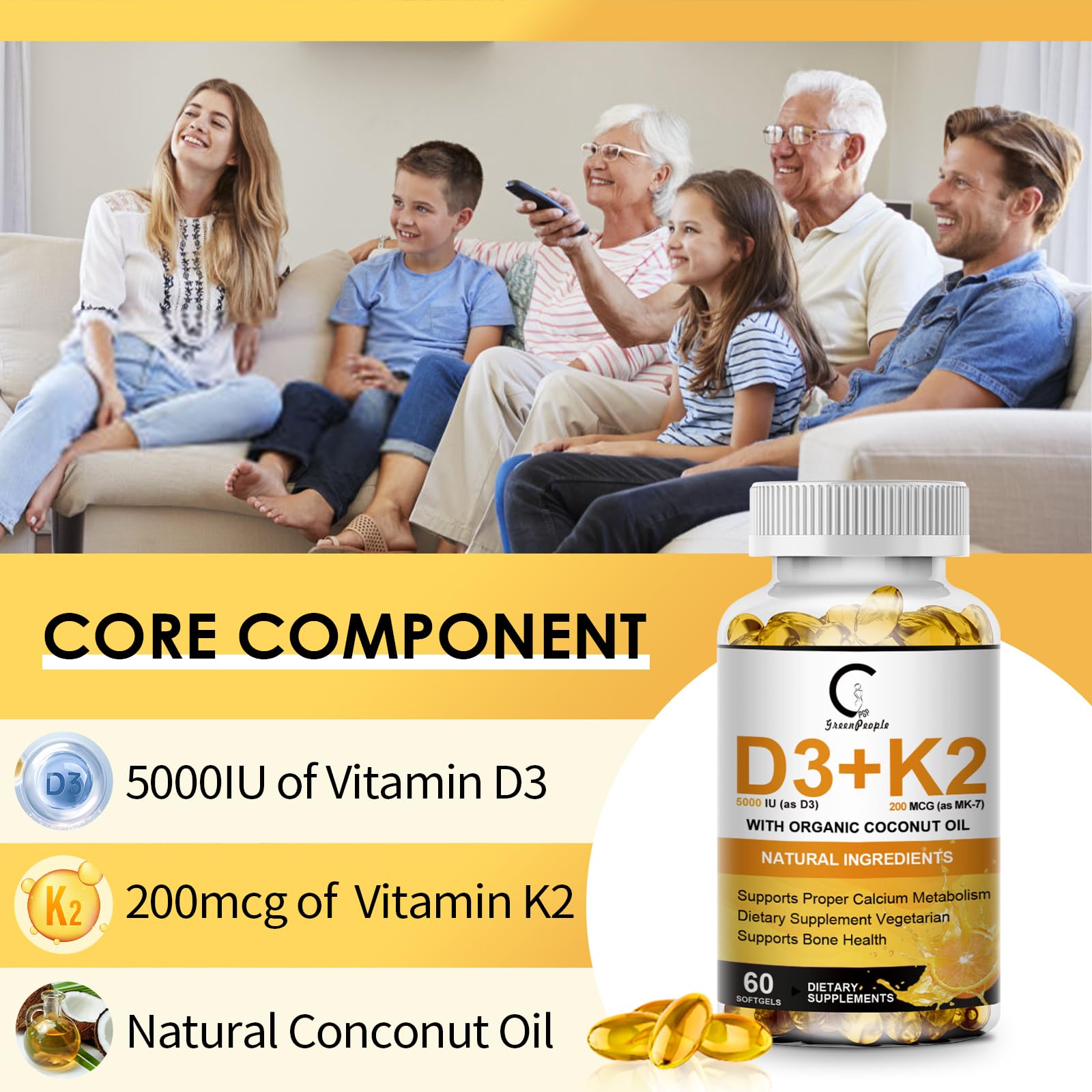 Suplemento natural GPGP GreenPeople D3 K2 con aceite coco