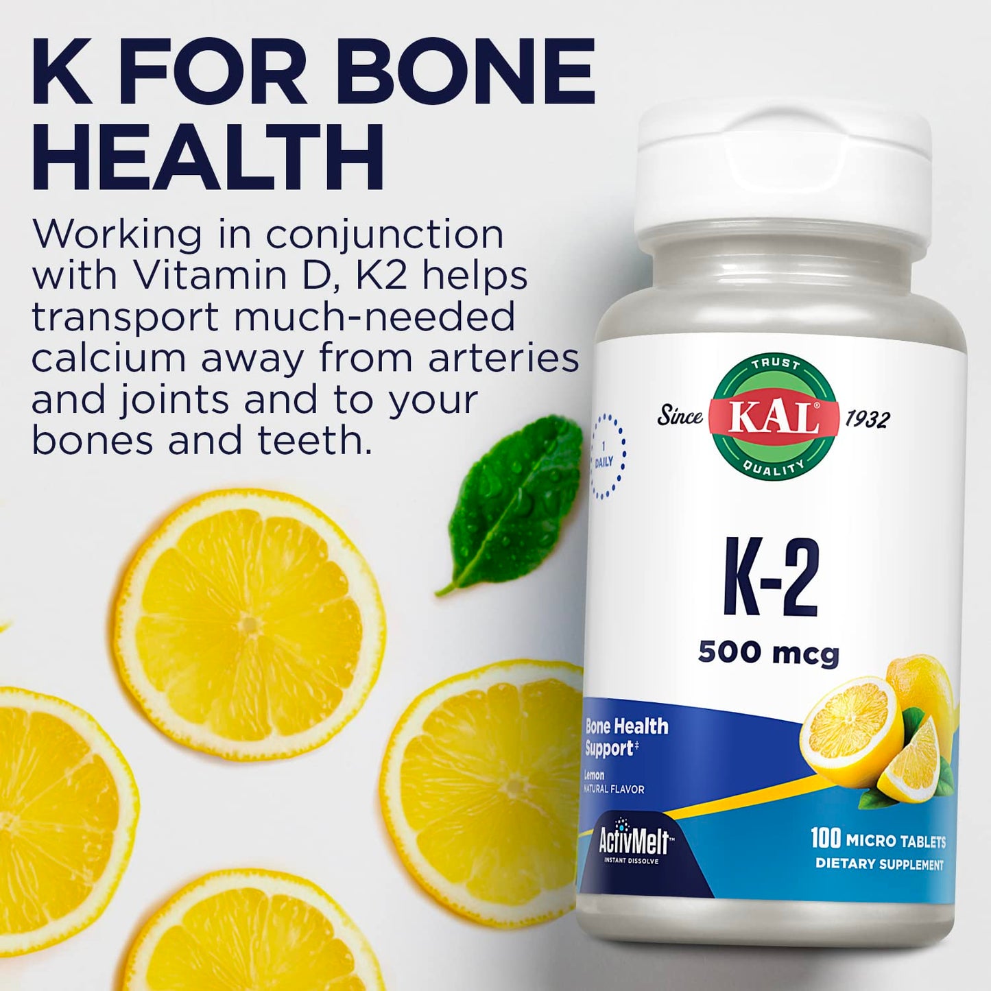 Suplemento natural KAL vitamina K2 500 mcg MK4 ActivMelts limón