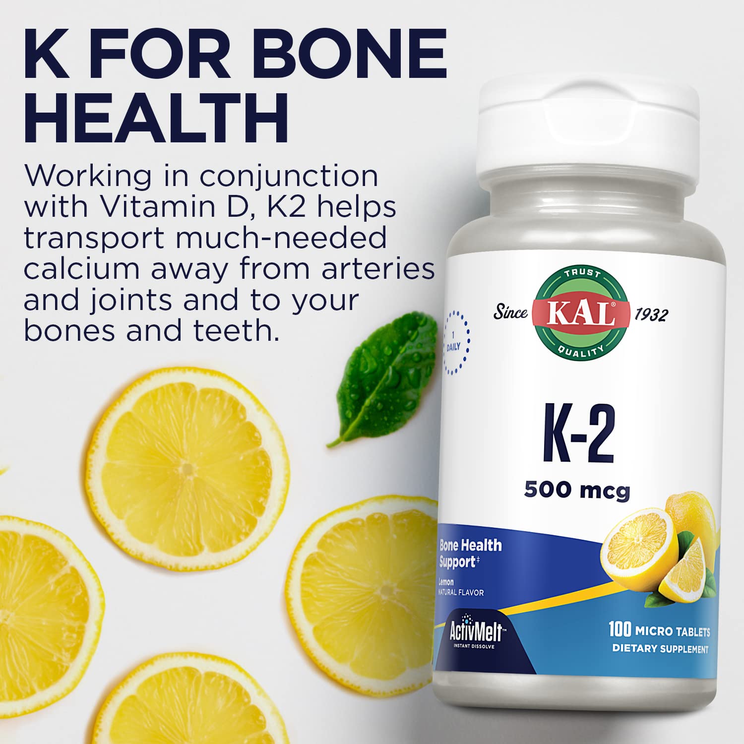 Suplemento natural KAL vitamina K2 500 mcg MK4 ActivMelts limón