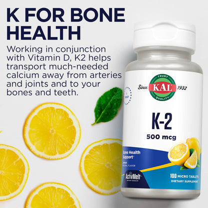 Suplemento natural KAL vitamina K2 500 mcg MK4 ActivMelts limón