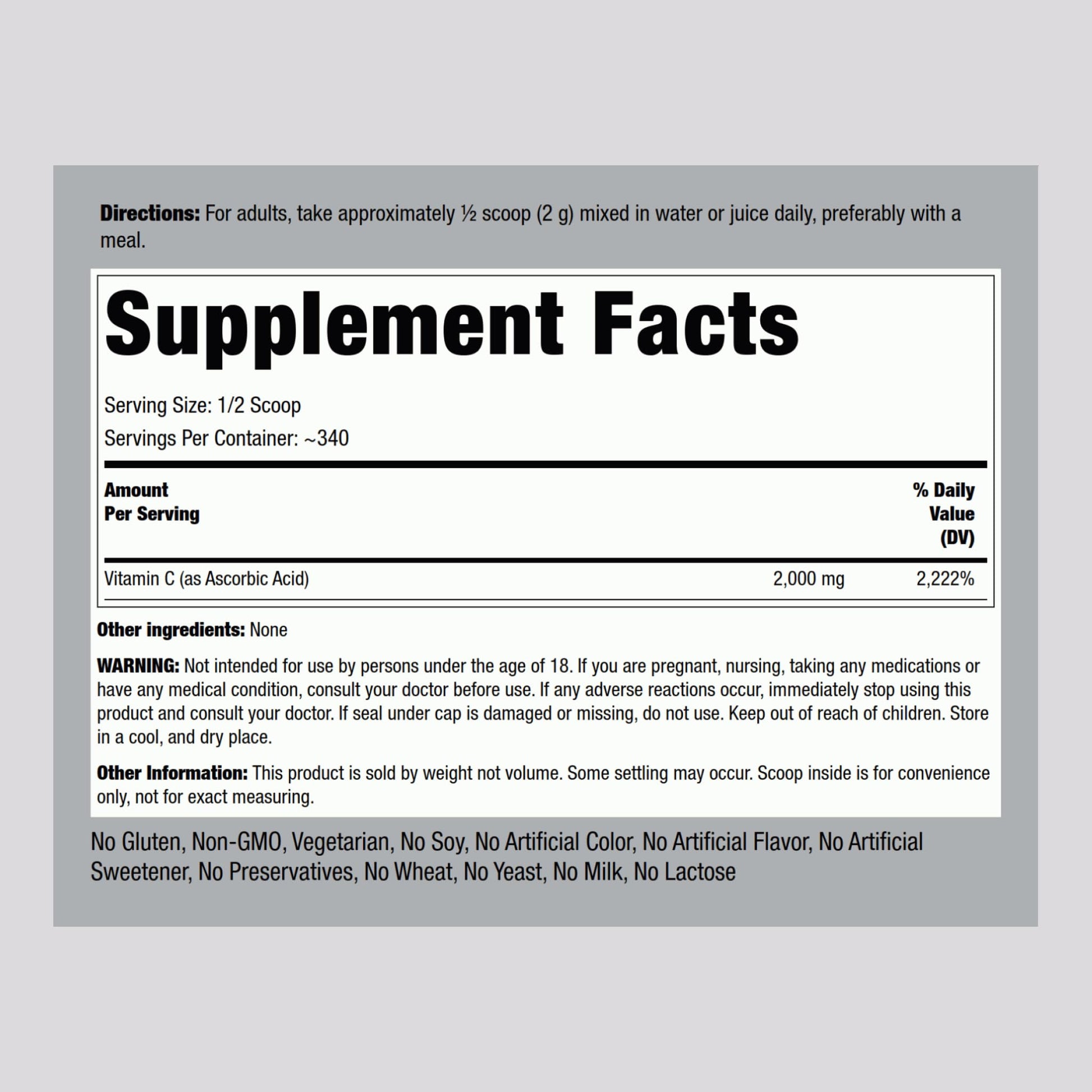 Suplemento natural polvo vitamina c Piping Rock 24oz