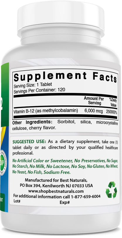 Suplemento natural vitamina B-12 sublingual 6000 mcg Best Naturals