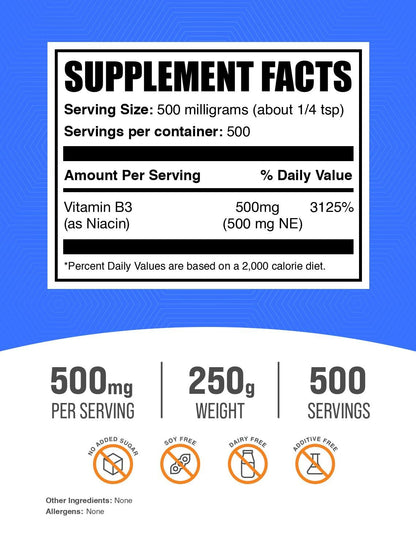 Suplemento niacina 500mg sin gluten BulkSupplements polvo