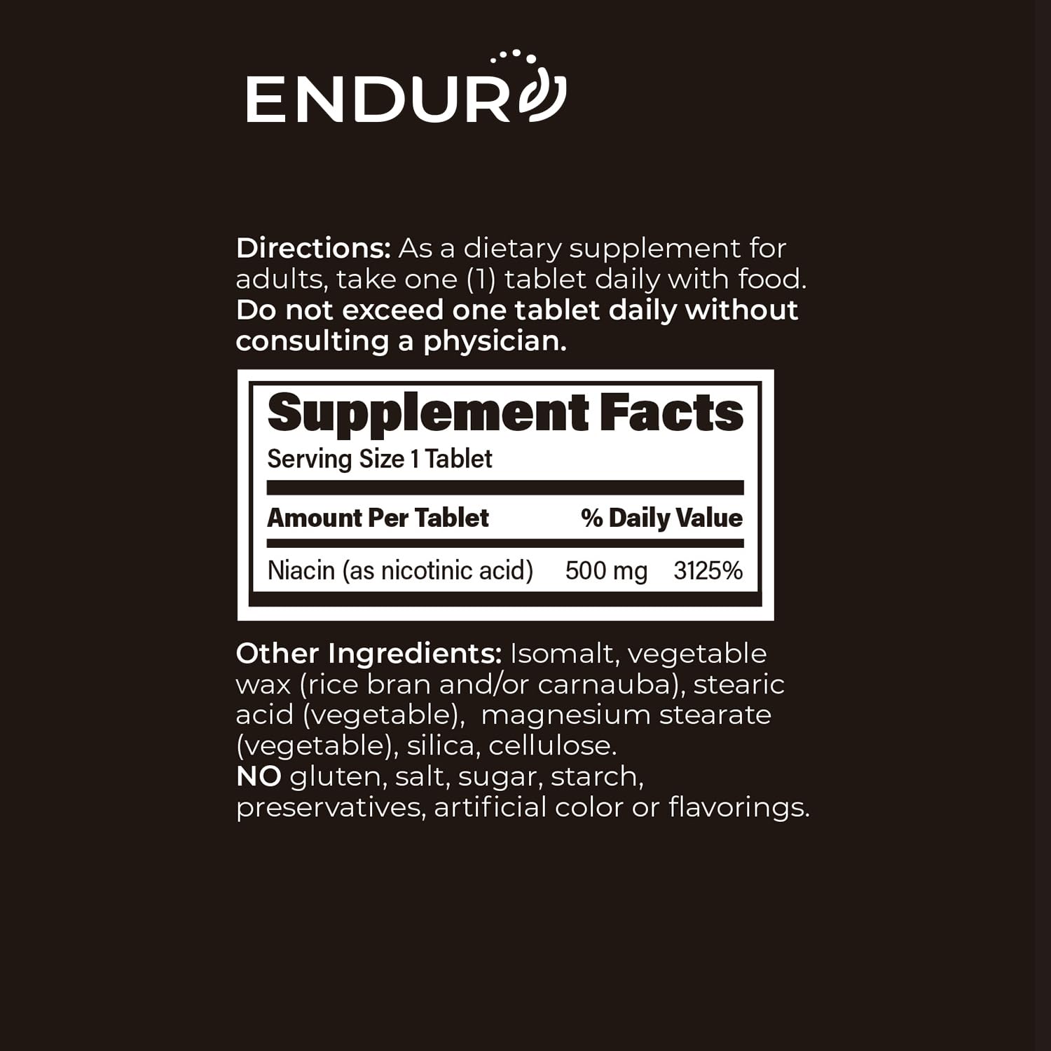 Suplemento niacina Endurance B3 500 mg 100 tabletas