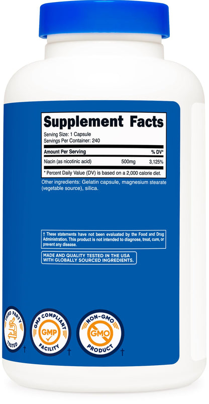 Suplemento niacina Nutricost 500mg sin OGM y sin gluten