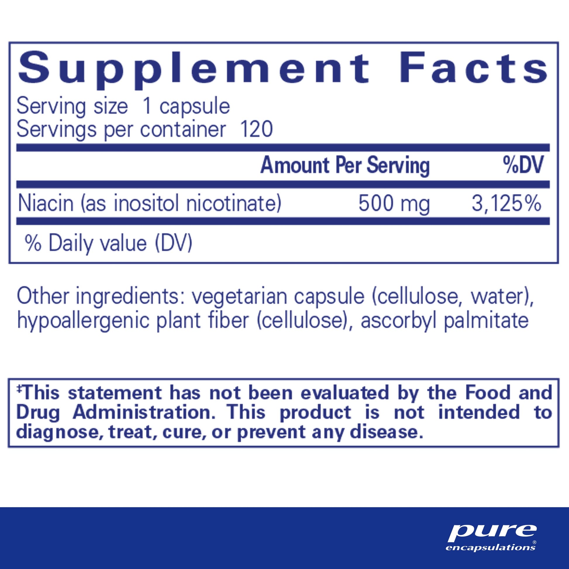 Suplemento Niacitol 500 mg Pure Encapsulations frasco y cápsulas