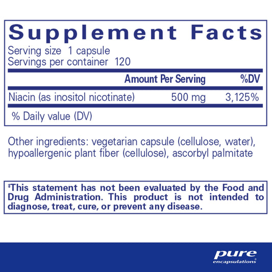 Suplemento Niacitol 500 mg Pure Encapsulations frasco y cápsulas