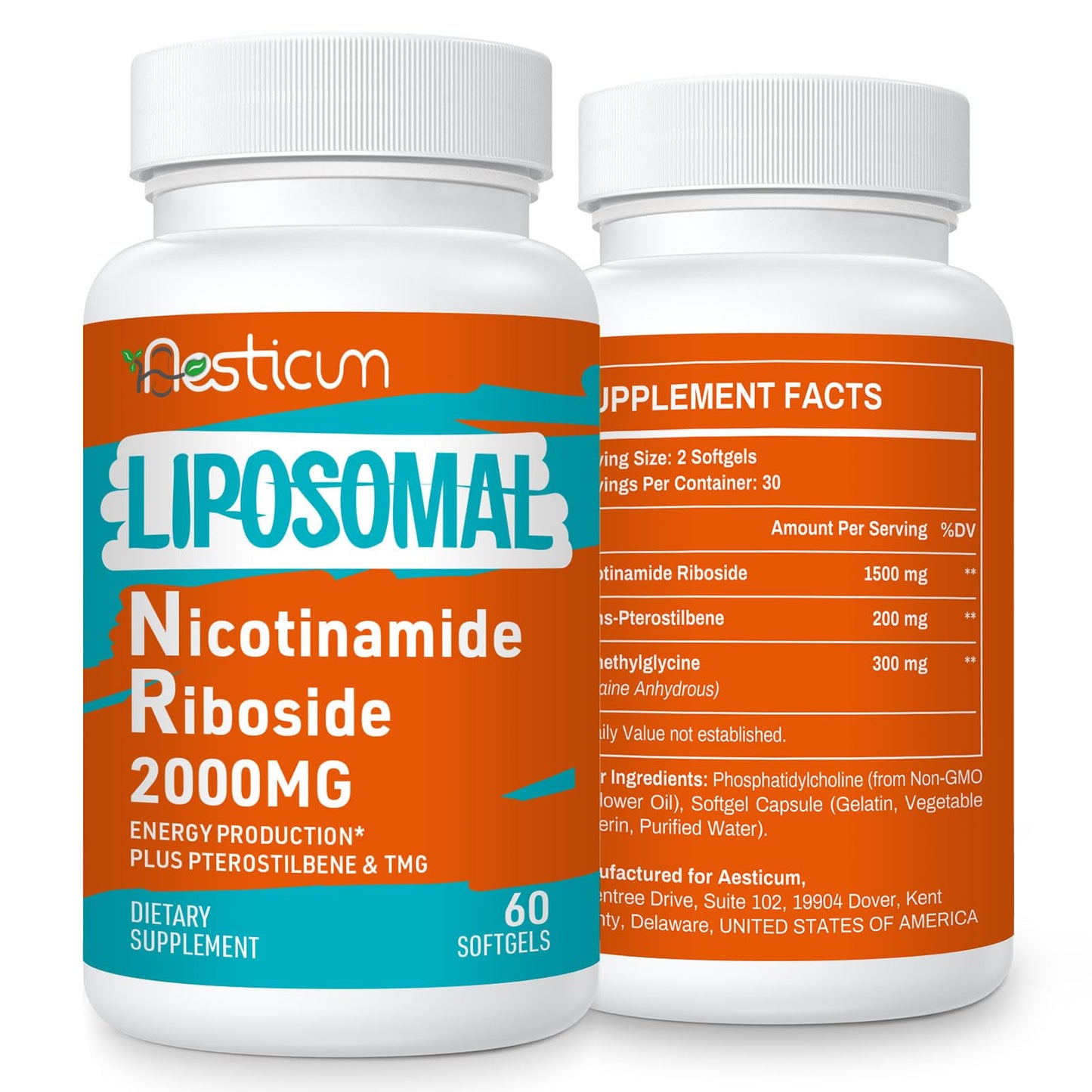 Suplemento de nicotinamida ribósido Aesticum 2000mg frasco frontal