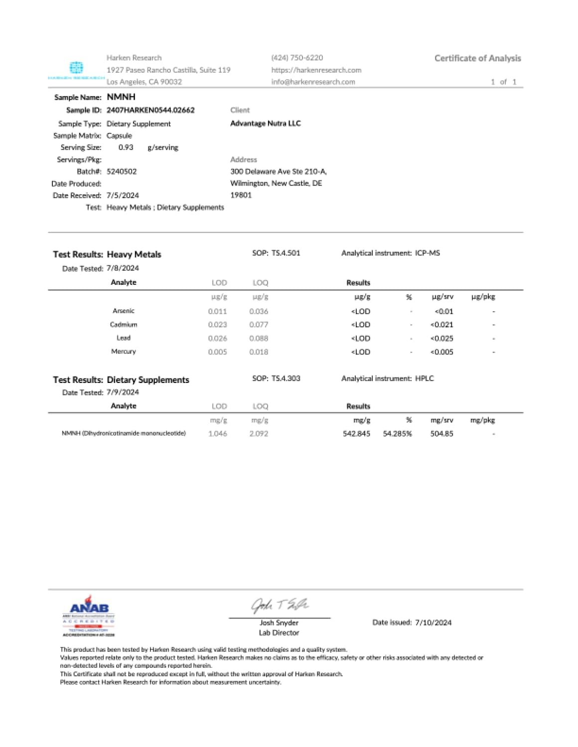 Suplemento NMNH AdvantageNutra hecho y probado en USA