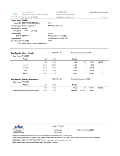 Suplemento NMNH AdvantageNutra hecho y probado en USA