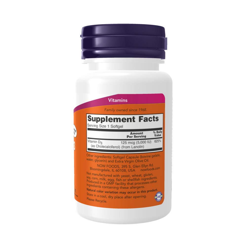 Suplemento Now Foods vitamina D3 en cápsulas blandas para salud huesos