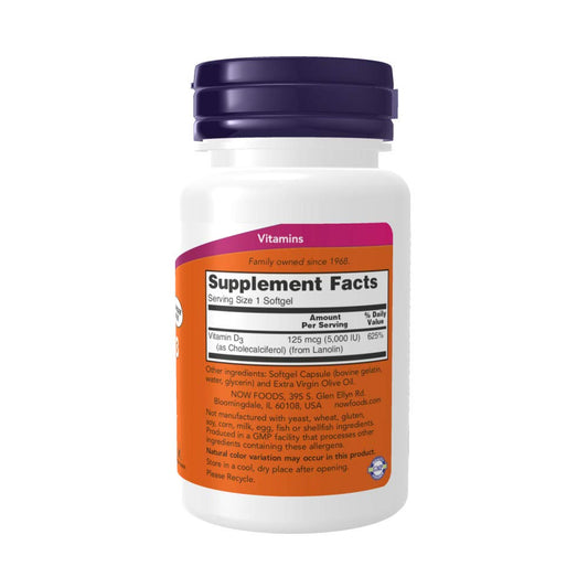 Suplemento Now Foods vitamina D3 en cápsulas blandas para salud huesos