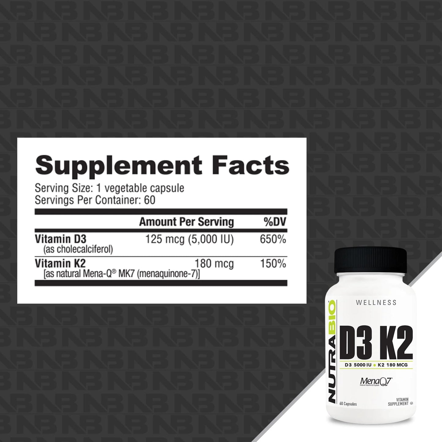 Suplemento NutraBio vitamina D3 5000 ui con K2 MK7