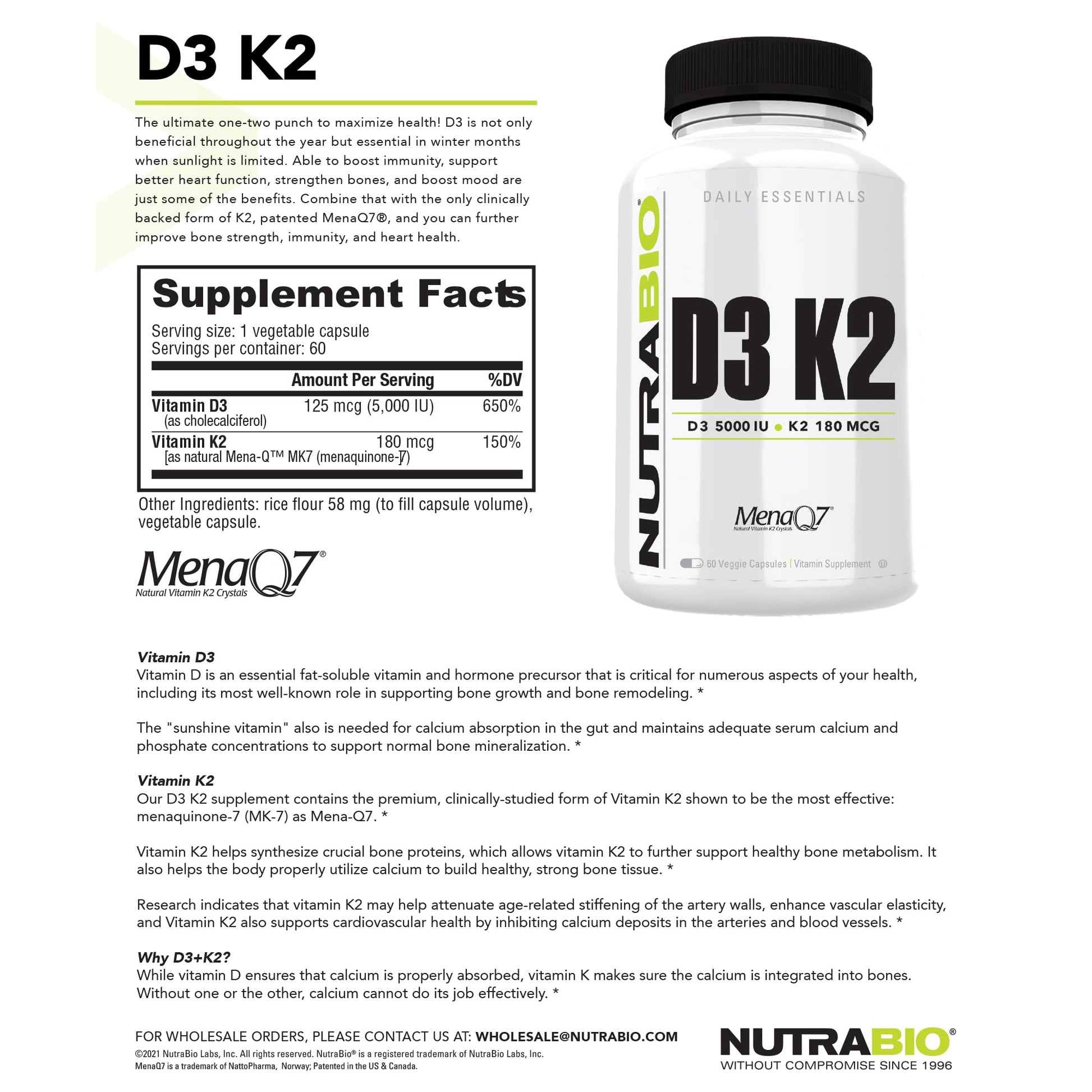 Suplemento NutraBio Vitamina D3 y K2 para salud ósea y cardiovascular