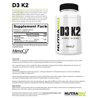 Suplemento NutraBio Vitamina D3 y K2 para salud ósea y cardiovascular