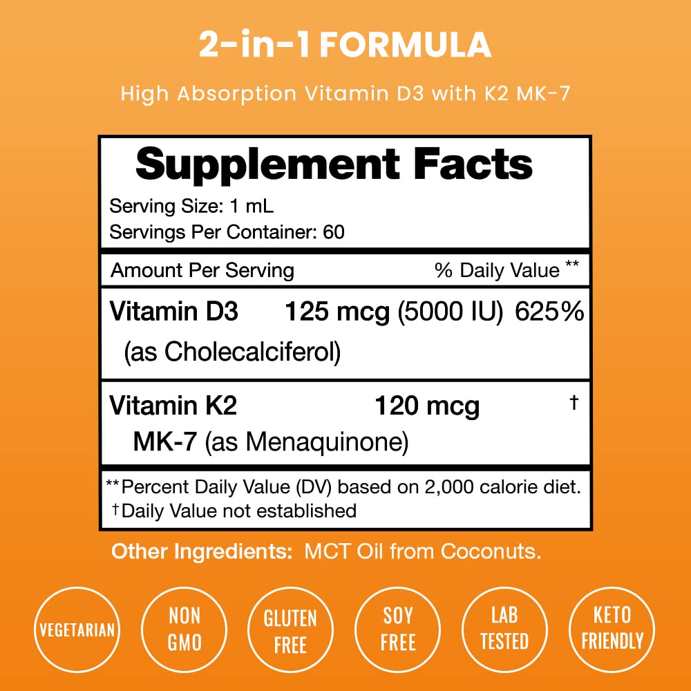 Suplemento NutraChamps gotas líquidas vitamina d3 y k2 para huesos