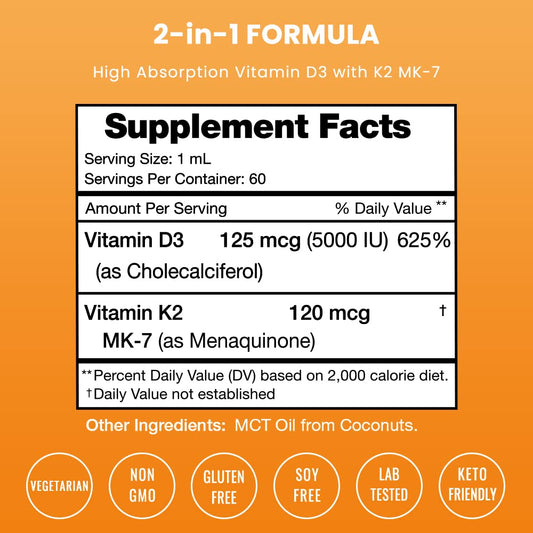 Suplemento NutraChamps gotas líquidas vitamina d3 y k2 para huesos