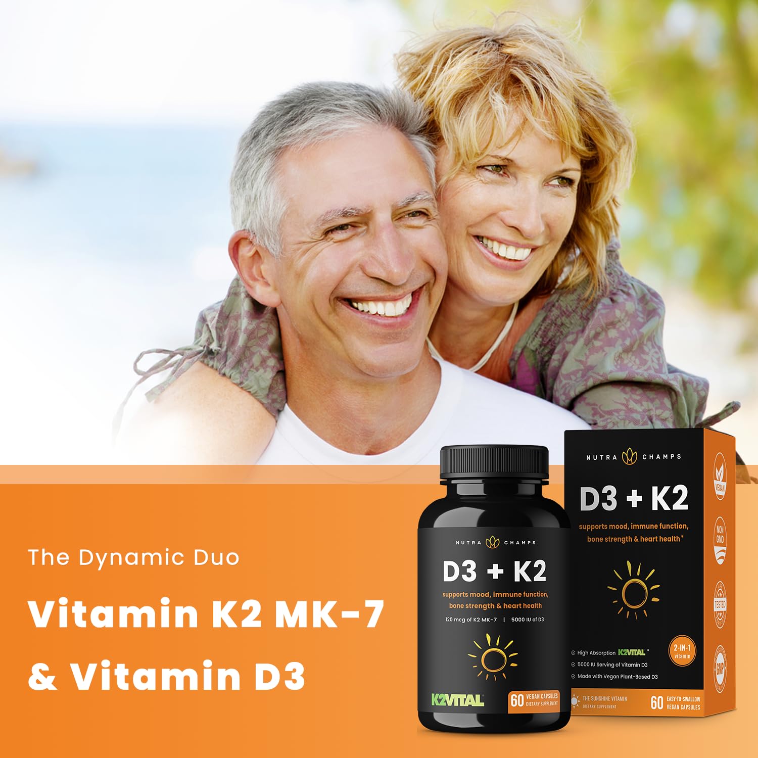 Suplemento NutraChamps vitamina D3 y K2 MK7 paquete