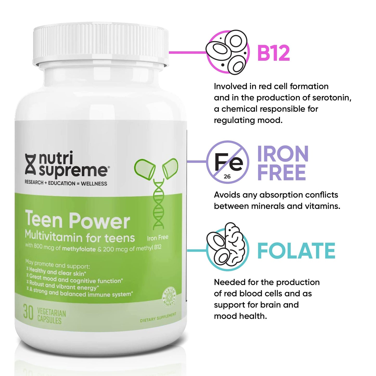 Suplemento nutricional Nutri Supreme para adolescentes con ingredientes enlistados