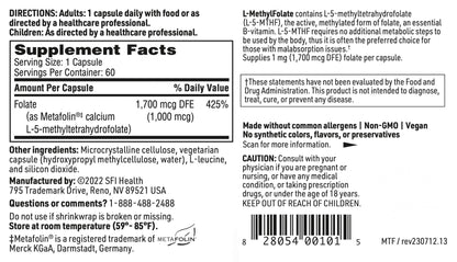 Suplemento nutricional Klaire Labs L-Metilfolato alta biodisponibilidad