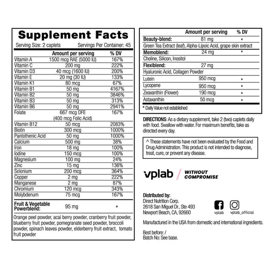 Suplemento nutricional VPLab para mujeres con lista de ingredientes y beneficios.
