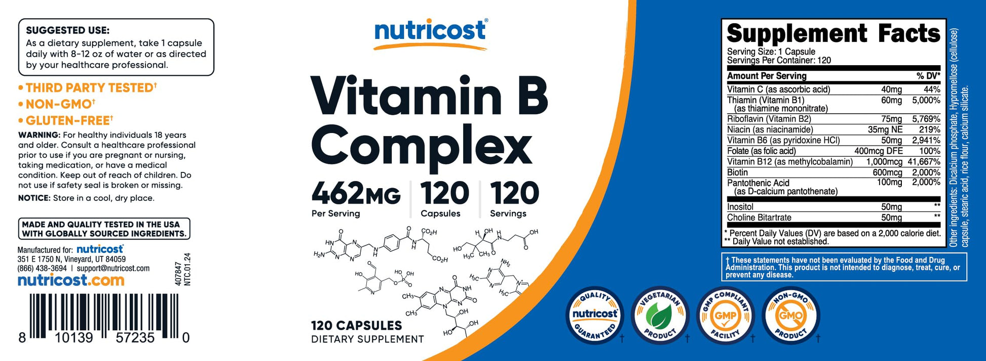 Suplemento Nutricost vitamina B complex 462mg en cápsulas vegetales